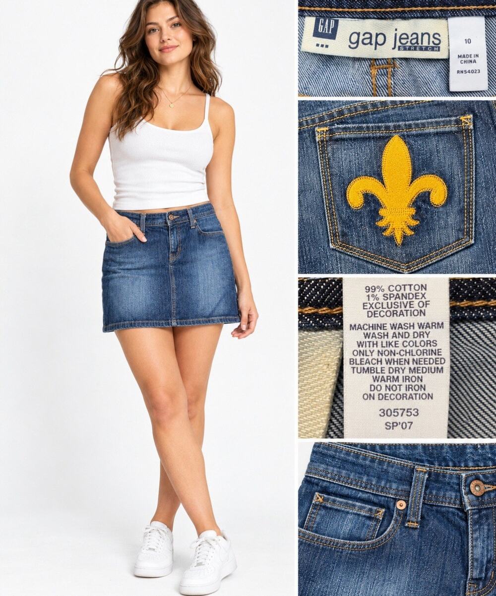 Y2K Indie Sleaze GAP Denim Mini Skirt Sz 10 Dark Wash Indigo Fleur De Lis 2000s
